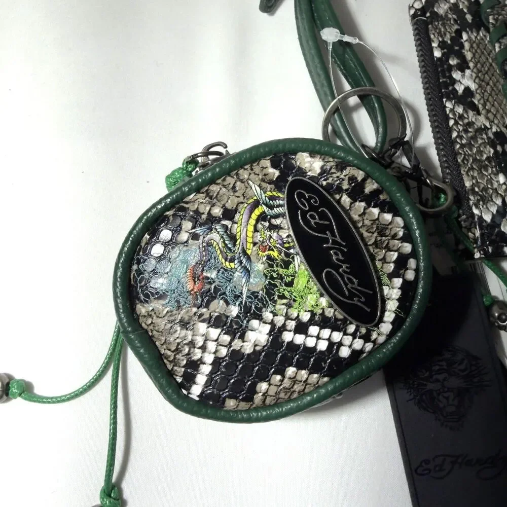 Ed Hardy Keychain Wristlet Card Holder & Coin Pouch Snakeskin Print NWT